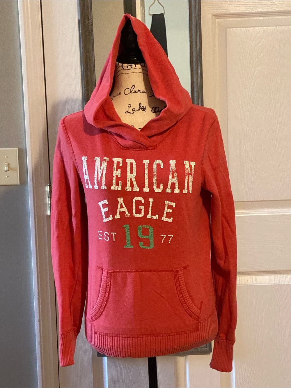American Eagle Coral Pullover Hoodie with Green Accent